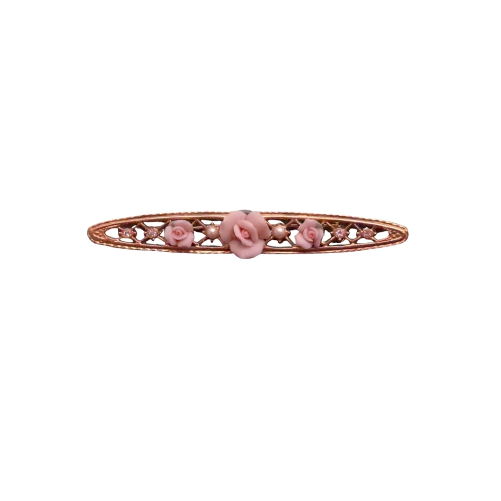 1928 Co. Gold Tone Bar Brooch/Pin with 3 Porcelain Pink Roses with Green Leaves